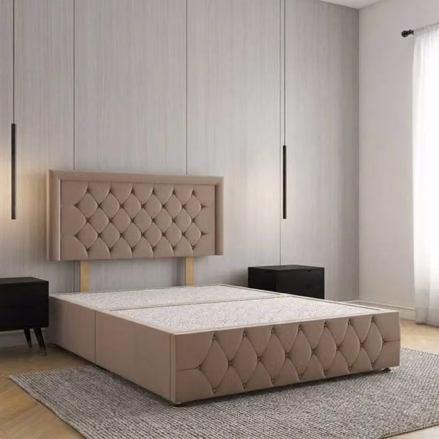 Regional Furnishings Small Double Divan Bed with 24 inch Plush Velvet Headboard and Footboard in Bronze, W/D/H: 120 x 200 cm