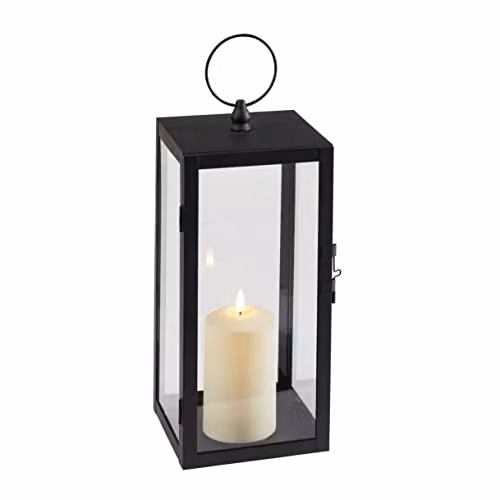 Lights4fun Black Metal Outdoor Garden LED TruGlow Pillar Candle Lantern with White Candle, H 35 cm x W 15 cm x D 15 cm – 3
