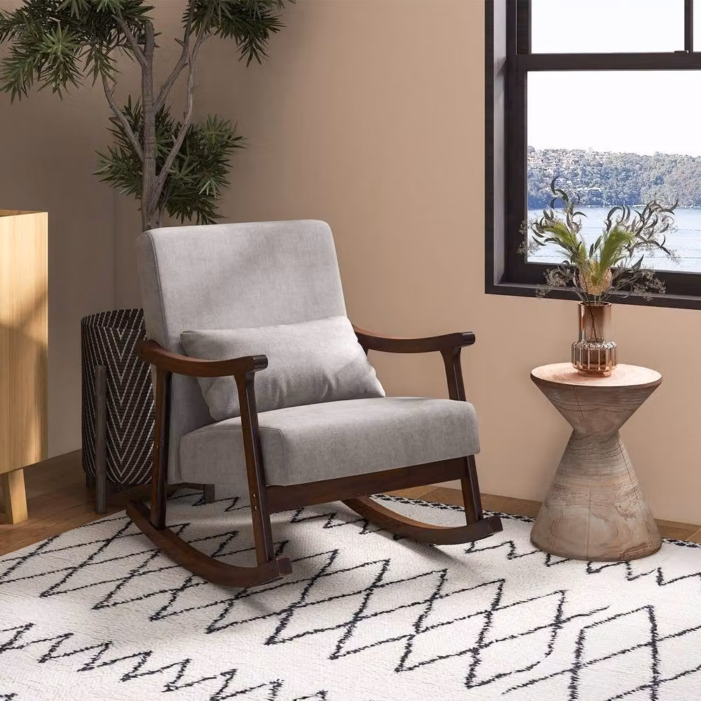 Gymax Ergonomic Grey Fabric Rocking Accent Chair with Pillow and Solid Rubberwood Frame – 5