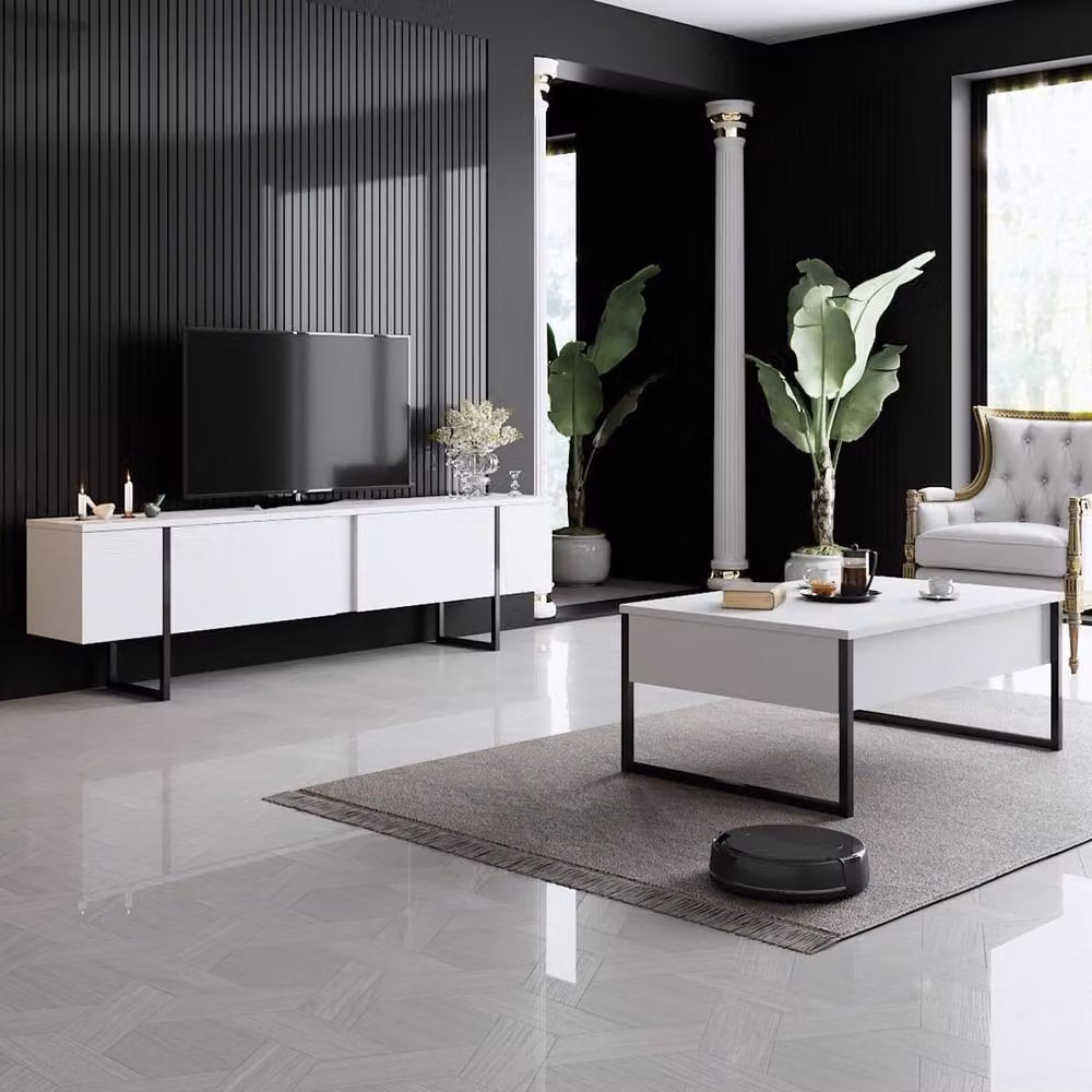 Calicosy Luxury Modern TV Stand with 2 Drop-Down Doors, White, W/D/H: 180 x 50 x 30 cm – 3