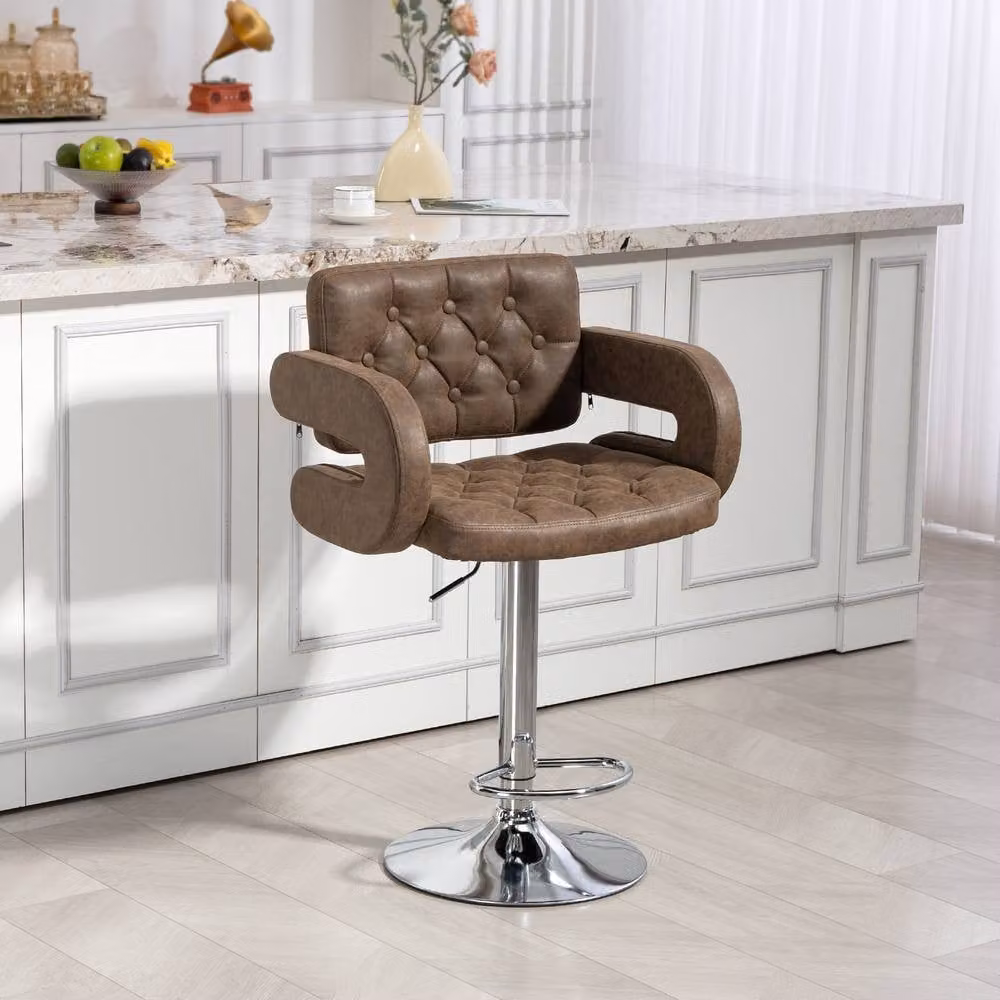 ERGOVEXA Brown PU Leather Upholstered Swivel Bar Stool with Footrest – 2