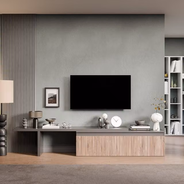 Decorotika Haarlem Modern Wall Mounted Entertainment Center in Black with Geometric Alina Pattern
