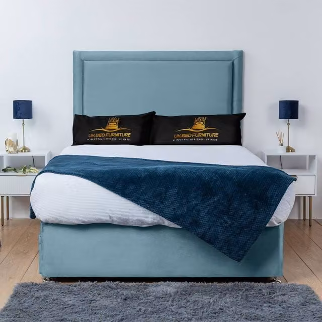 UK Bed Furniture Ascot Divan Bed Base with 26 Inch Headboard, Blue Velvet, W/D/H: 180 x 200 cm, King Size