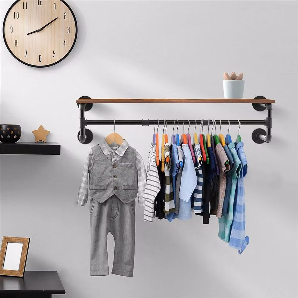 VOGREX Industrial Metal Clothes Rail with Top Shelf in Matt Black – 4