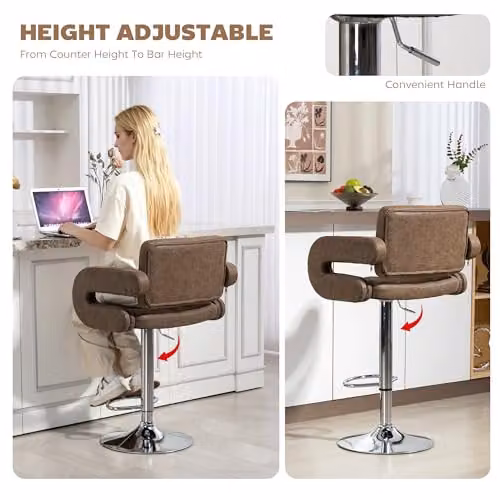 HOMCOM Brown PU Leather Swivel Bar Stool with Armrests and Adjustable Height – 3