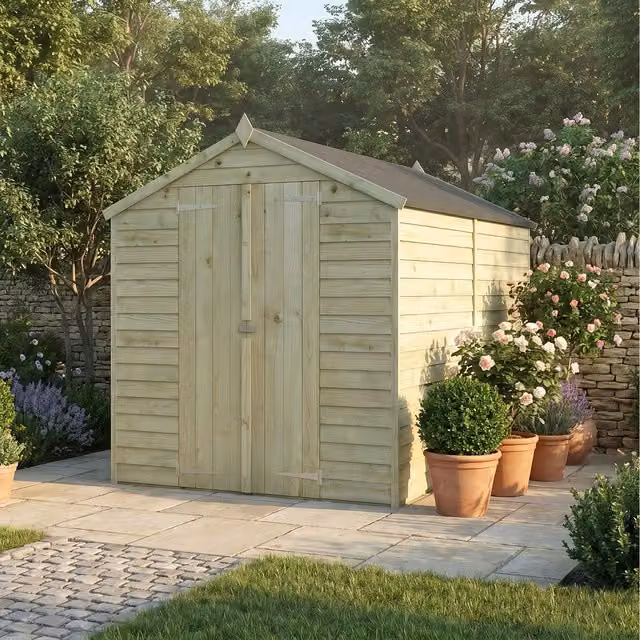 Waltons Brown Wooden Overlap Apex Garden Shed with Double Doors and Floor
