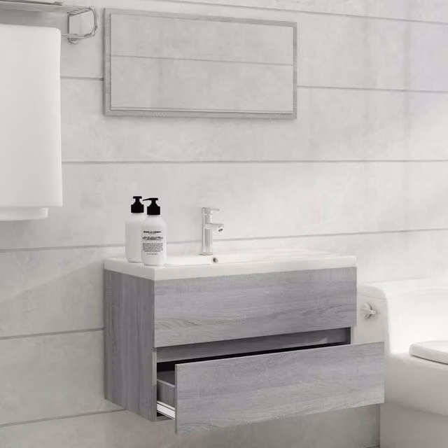 Berkfield Home Practical 2 Piece Modern Bathroom Furniture Set in Grey Matt, including Vanity Unit and Mirror Cabinet, W/D/H: 80.0 x 38.5 x 45.0 cm