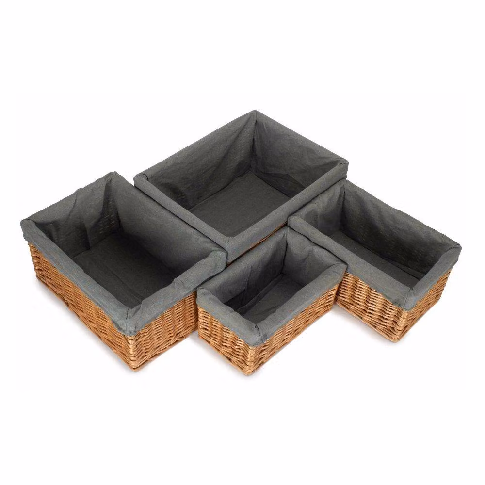 Red Hamper Set of 4 Double Steamed Willow Storage Baskets with Grey Cotton Linings and Handles – 2