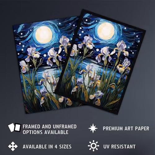 Artery8 Ethereal Iris Flower Blooms Fantasy Lake Full Moon Wall Art Poster Print, Multicolour, W: 45.7 x H: 61.0 cm – 2