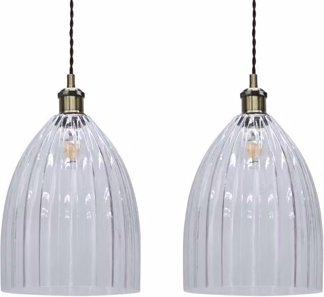 First Choice Lighting Hayes Set of 2 Clear Fluted Glass Dome Pendant Light Shades, Diameter: 26.5 cm