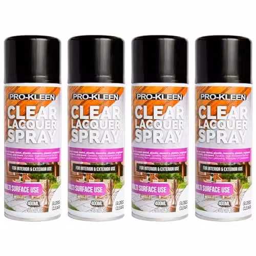 Pro-Kleen Clear Gloss Lacquer Spray, Weatherproof and Scratch Resistant Synthetic Resin Sealant, 4 x 400ml – 1