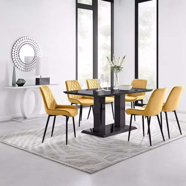 FurnitureboxUK Imperia 6-Person Dining Set with Black Glass Rectangular Table and 6 Mustard Yellow Pesaro Chairs