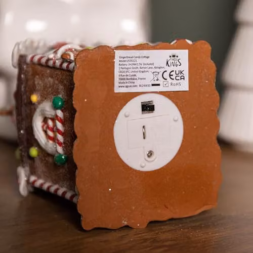 Samuel Alexander White and Multicolour Ceramic Gingerbread Candy Cottage Tabletop Decoration with Warm White LEDs, Height: 14 cm – 5