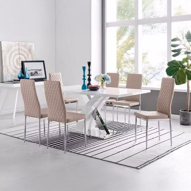FurnitureboxUK Atlanta Modern Rectangular High Gloss White Dining Table and 6 Milan Chairs Set in Beige