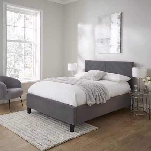 GFW Thea Grey Velvet Upholstered Ottoman Bed Frame with Geometric Chevron Headboard and Lift Up Storage Base, W/D/H: 180 x 200 cm – 1