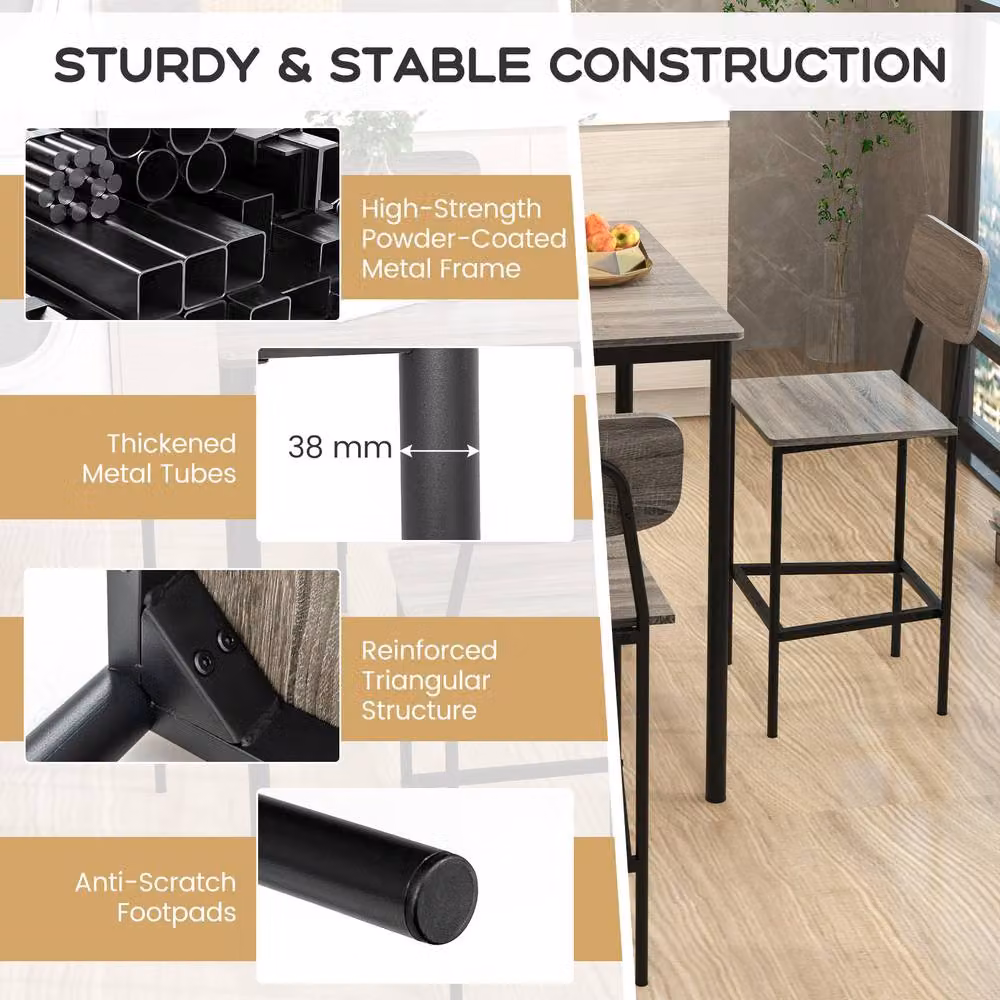 Gymax Industrial Dining Table Set with 4 Bar Stools in Grey – 6