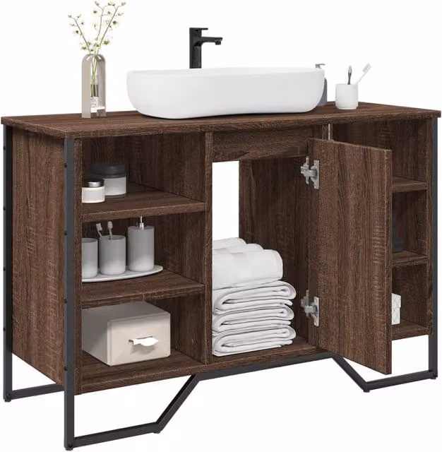 Berkfield Home Brown Oak Wall Mounted Bathroom Sink Cabinet with Hinged Doors and Internal Shelves, W: 91 cm, D: 35 cm, H: 60 cm