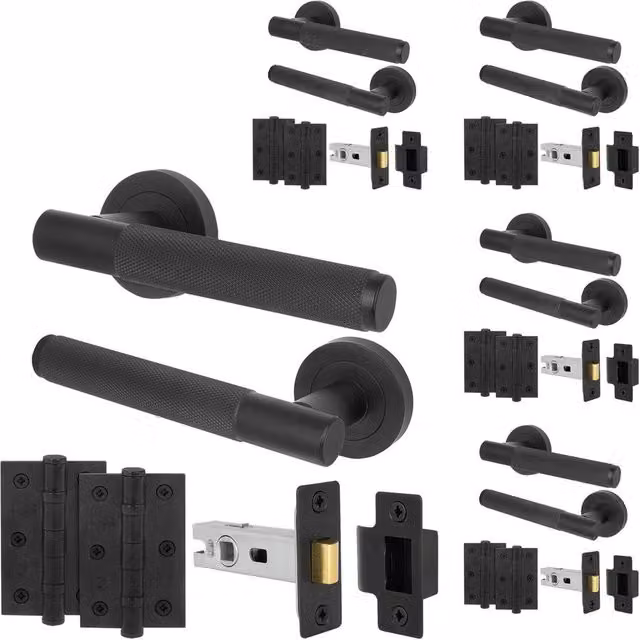 AFIT Matt Black Knurled Door Handles and Rose Latch Kit with Hinges, 5 Pairs – 1