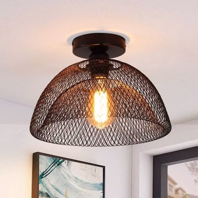 Garwarm Modern Farmhouse Semi Flush Mount Ceiling Light in Black and Multicolour Metal with E27 LED Bulb