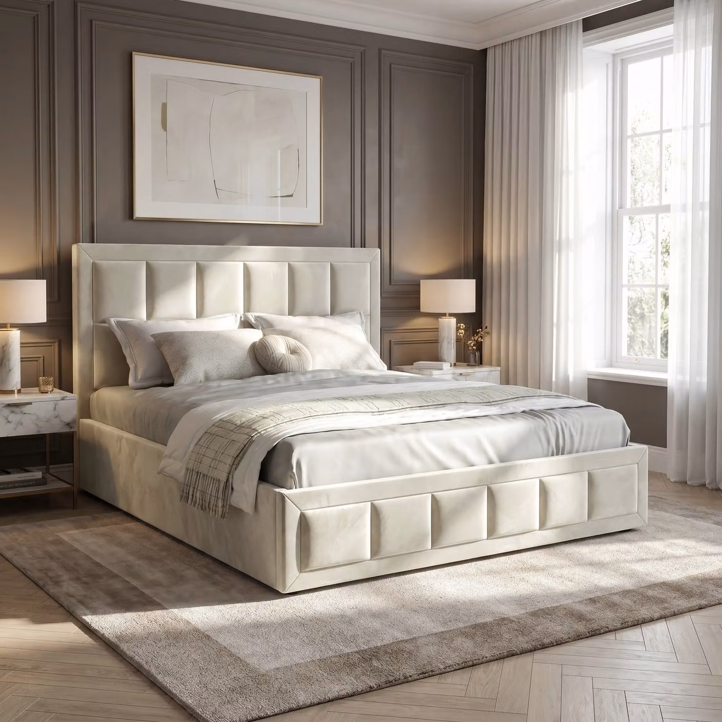 DHS Velvet Ottoman Storage Bed Frame in Beige and Grey, Super King Size 200 x 200 cm