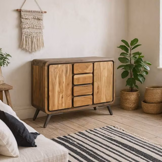 Wyld Haus Los Angeles Industrial Reclaimed Wood and Metal Large Sideboard with 4 Drawers and 2 Doors in Brown, W/D/H: 120 x 40 x 90 cm