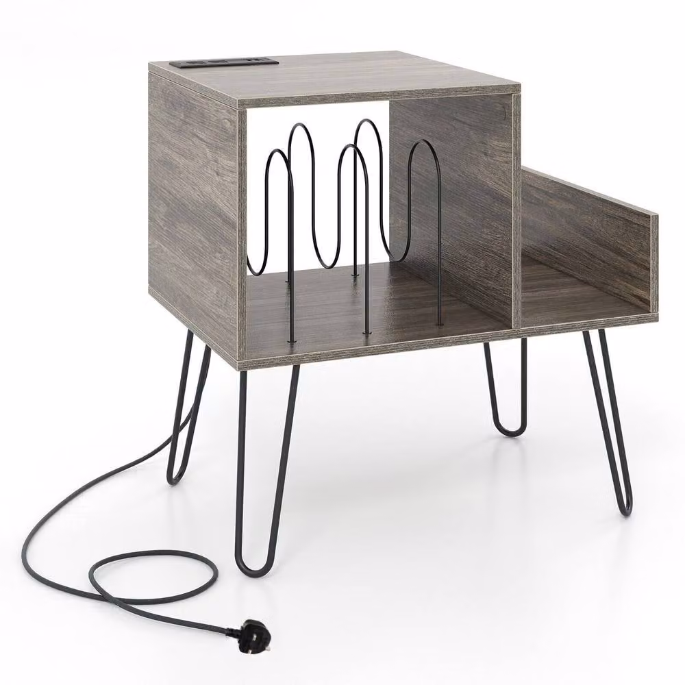Gymax Modern Turntable Stand and Record Player Display Shelf with Power Outlet in Grey – 7