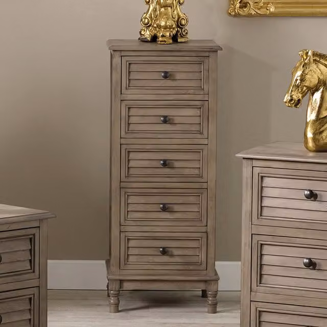 Pacific Lifestyle Modern Pine 5 Drawer Tall Boy Chest in Brown, Grey and Gold