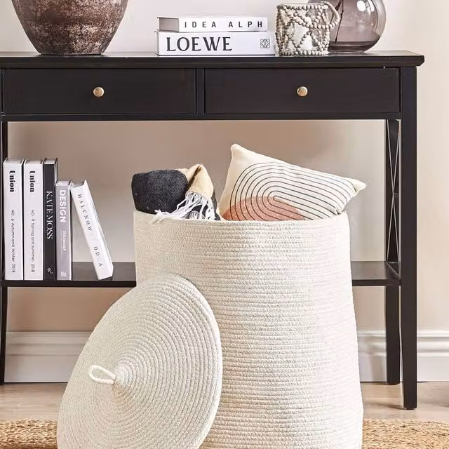 Wyld and Coco Cotton Storage Basket with Lid, White, W: 44 cm, D: 44 cm, H: 52 cm – 1
