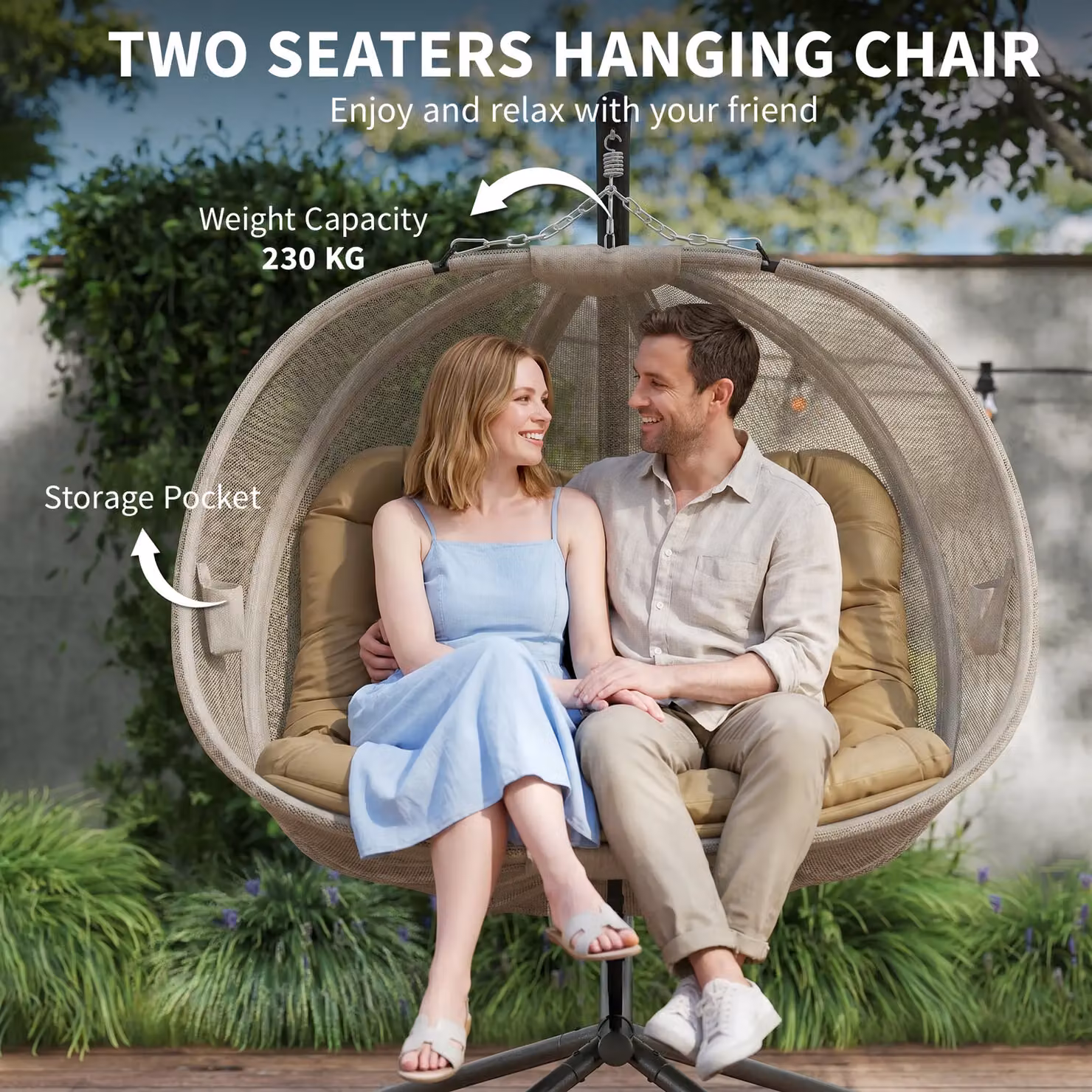 Outsunny Double Hanging Egg Chair 2 Seater Swing Hammock with Stand and Cushions in Brown – 7