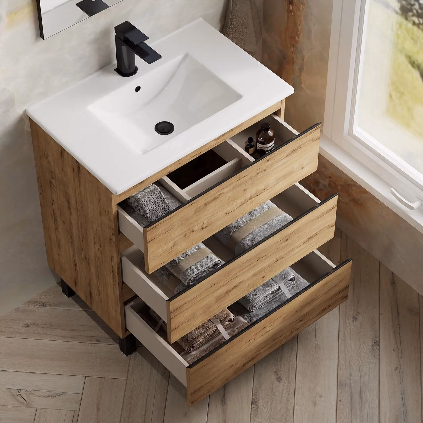 Banyetti Vatilla 700mm Floorstanding Vanity Unit with Lira Basin in Ostippo Light Oak – 2