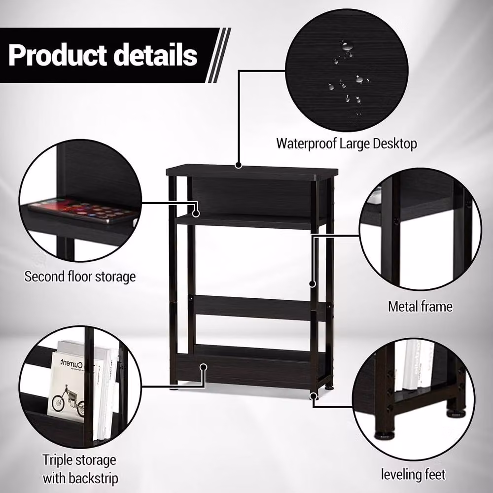 London Boutique 3-Tier Narrow Side Table with Magazine Rack in Black – 5