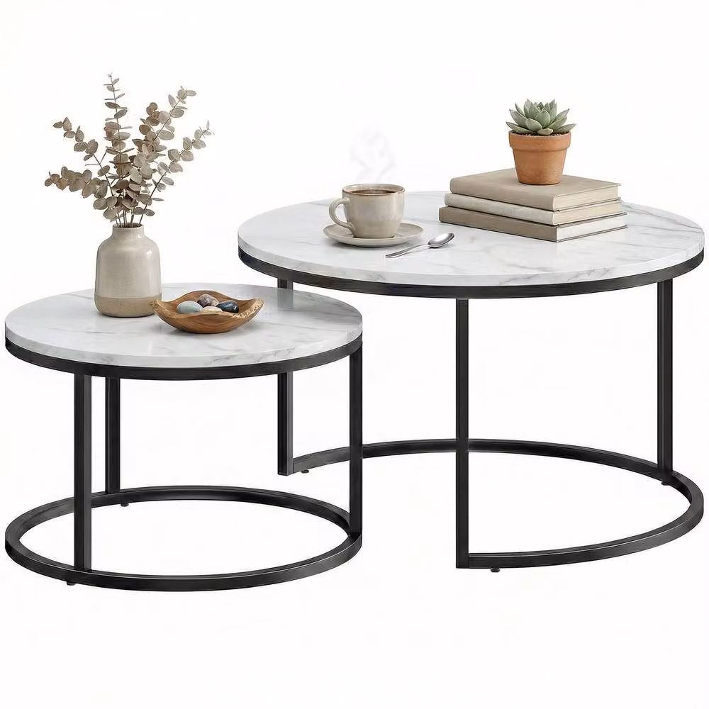 HOMCOM 2 Piece Nesting Coffee Table Set with White Marble Tops and Steel Frame – 2