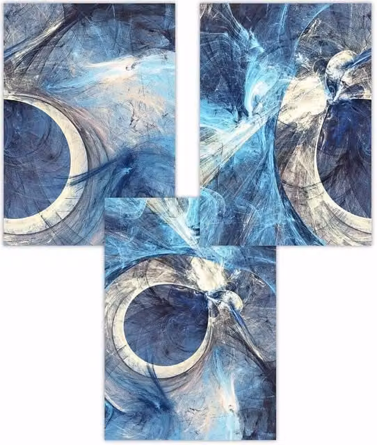 ARTZE Set of 3 Abstract Blue Modern Mixed Media Fractal Art Paper Posters, W: 30 cm, H: 42 cm