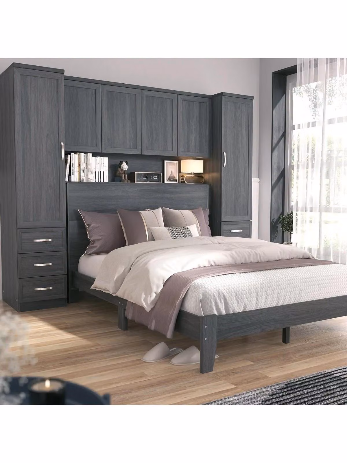 Camberley Overbed Wardrobe in Oak with Integrated Drawers and Lighting, Brown/Grey