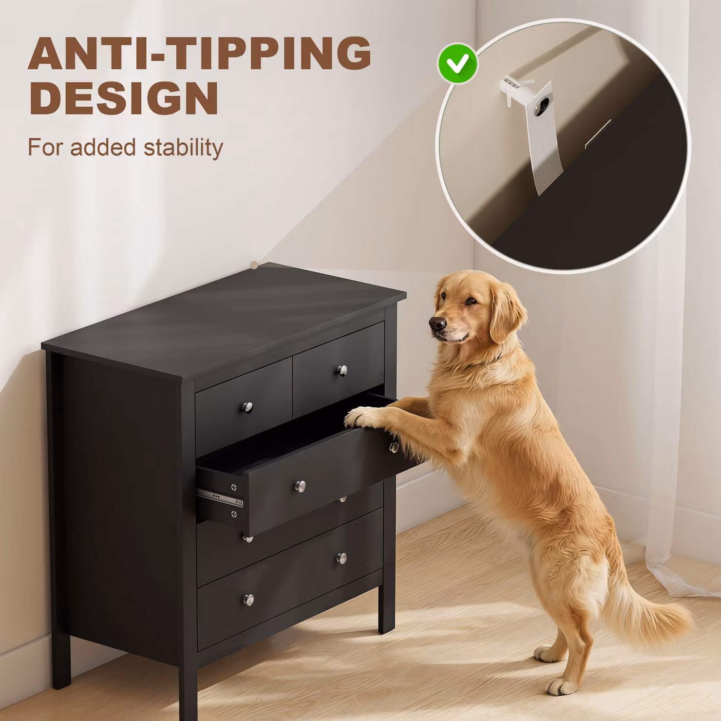 HOMCOM Modern 5 Drawer Dresser and Wide Storage Chest in Black – 4