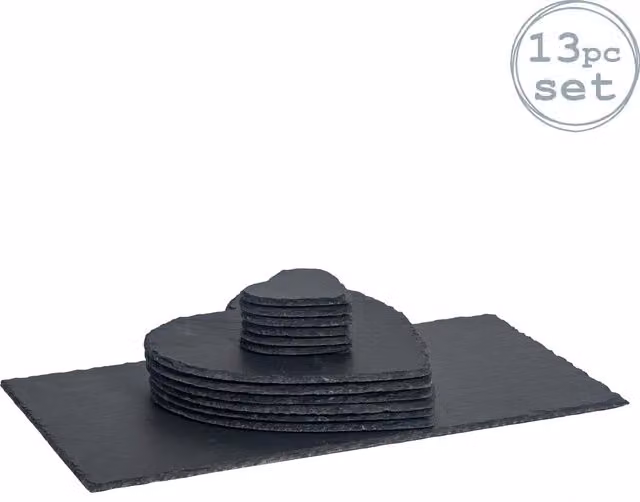 Argon Tableware 13 Piece Heart Slate Placemats, Coasters and Platter Set in Black and Grey – 6