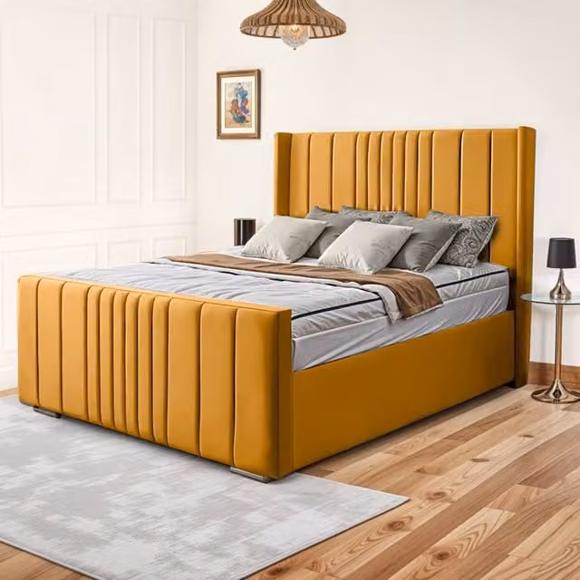 UK Bed Furniture Balmoral Wingback Upholstered Bed with 48 Inch Headboard and Slatted Base in Yellow, Size: 180 x 200 cm – 1