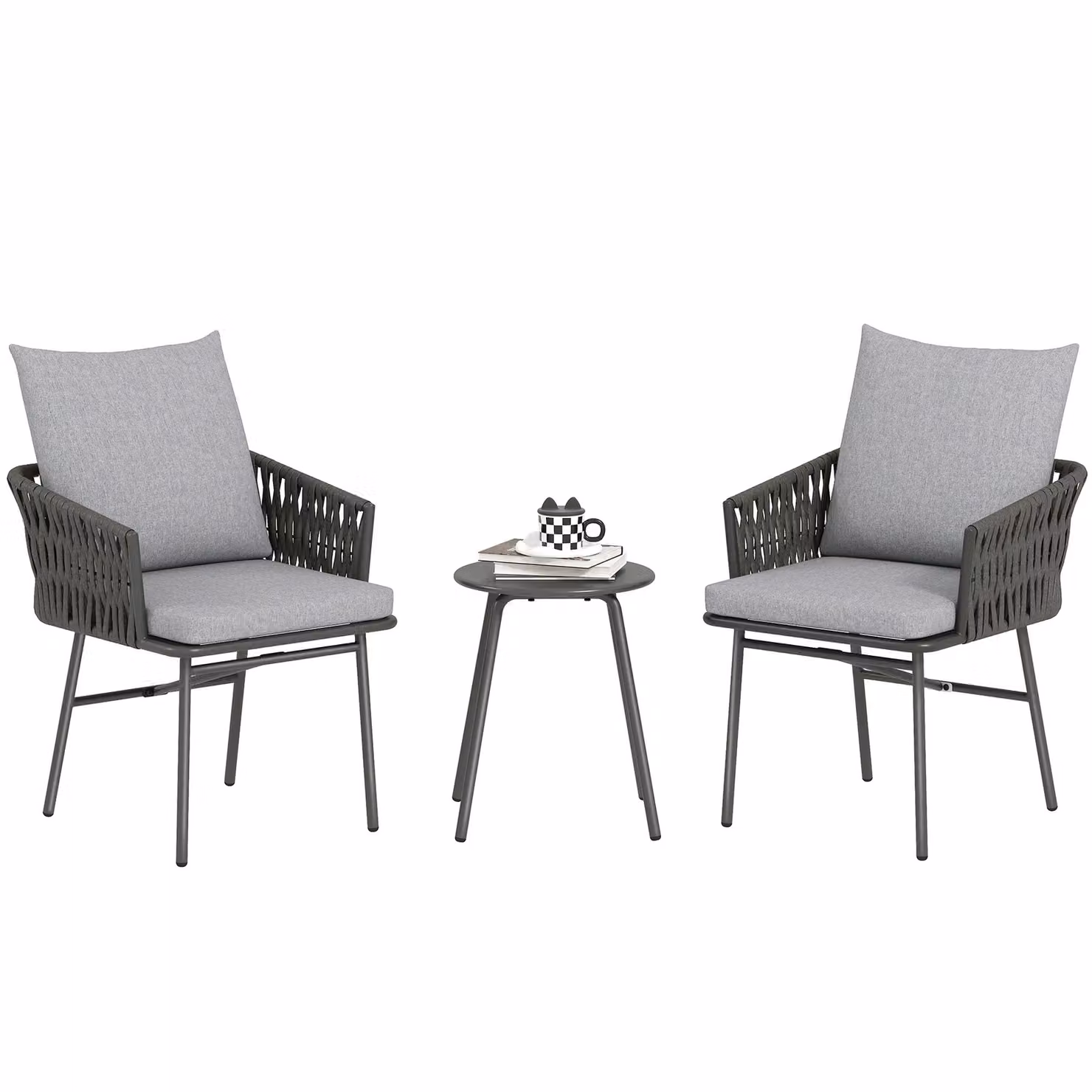 OUTSUNNY Grey Rattan Bistro Set with Table, 3 Chairs and Cushions for Garden or Balcony – 2