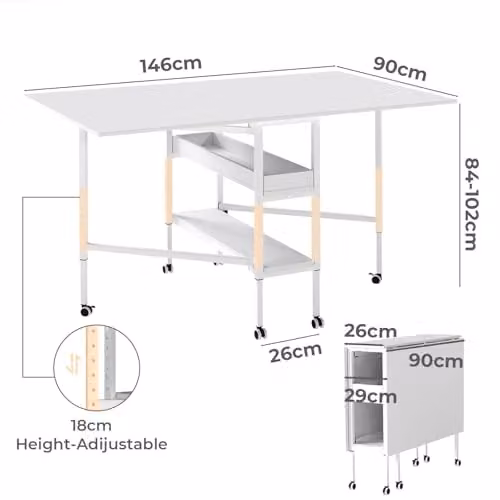 Levede White Folding Adjustable Sewing Table with Mobile Castors and Storage Shelves, Height: 84-102 cm, W/D/H: 146 x 90 x 84-102 cm – 2