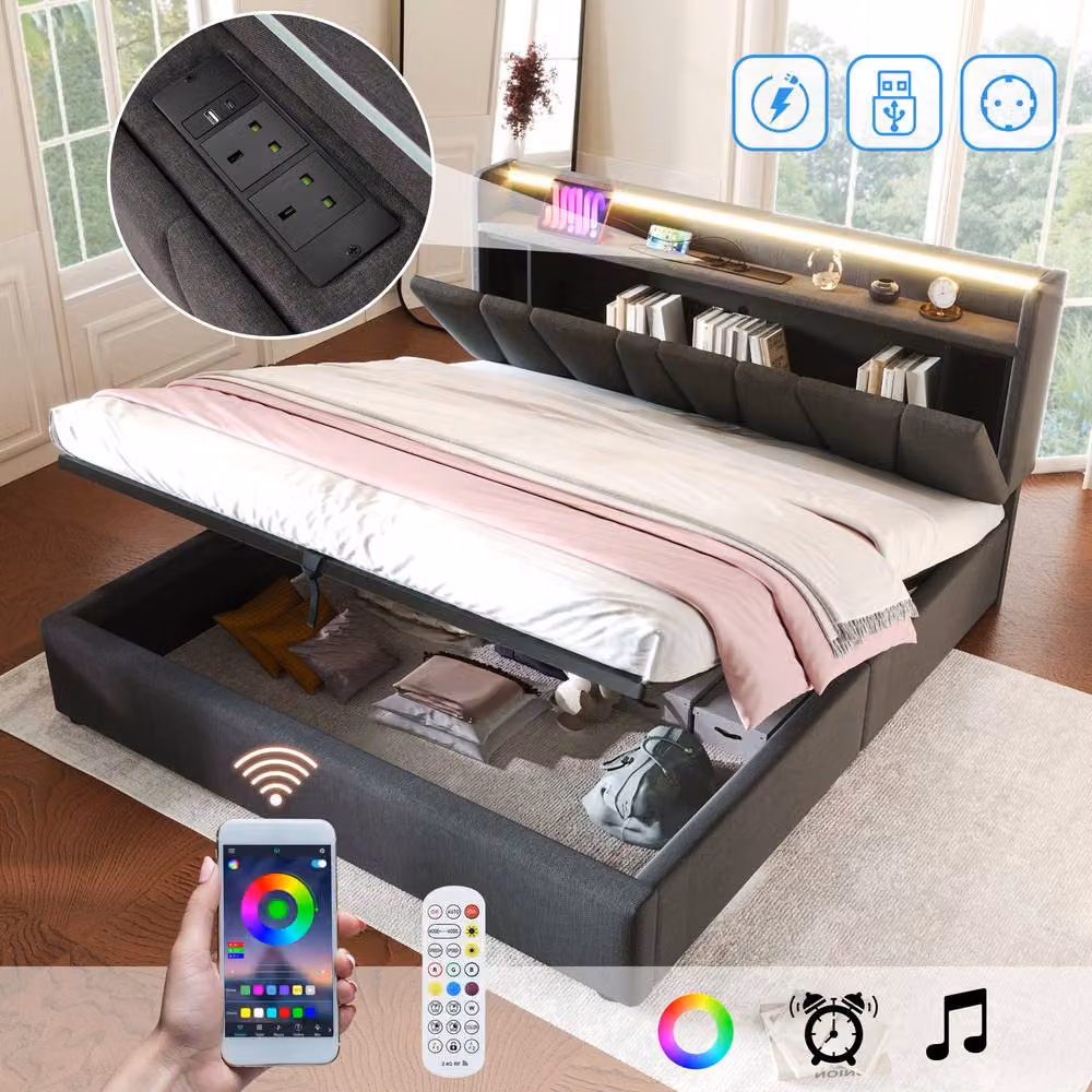 BTM Grey Fabric Double Bed with USB Charging, LED Headboard and Side Storage Compartments W/D/H: 140 x 200 x 135 cm – 4