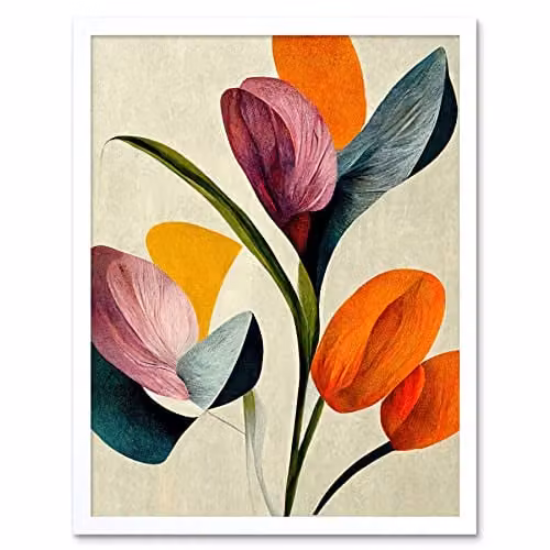 Wee Blue Coo Spring Flowers Floral Bouquet Abstract Boho Art Print Framed Poster in Multicolour Coral Mustard and Blue, W/H: 30.5 x 40.6 cm