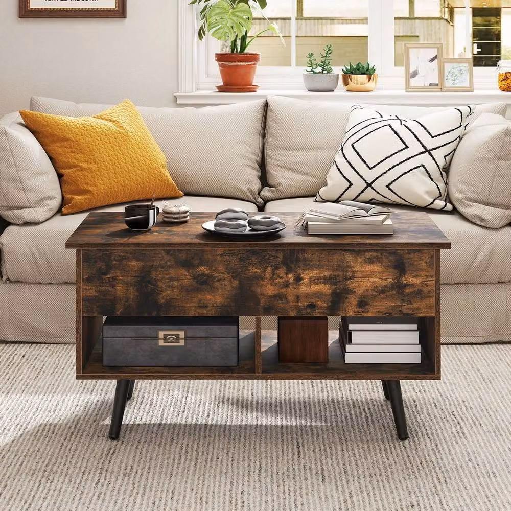 VOGREX Brown Mid-Century Rectangular Lift Top Coffee Table with Shelves – 3