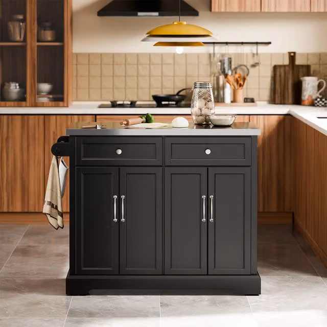 SoBuy European-style Mobile Drop-Leaf Kitchen Island with 2 Drawers and Adjustable Shelf in Black – 1