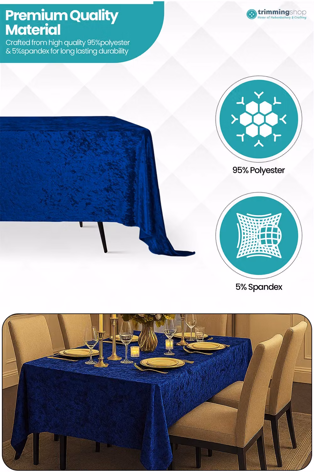 Neel Blue Diamond Velvet Rectangular Tablecloth in Royal Blue – 3