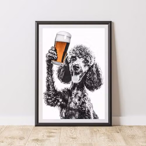 60 Second Makeover Funny Poodle Drinking Beer Illustration Paper Poster, A3