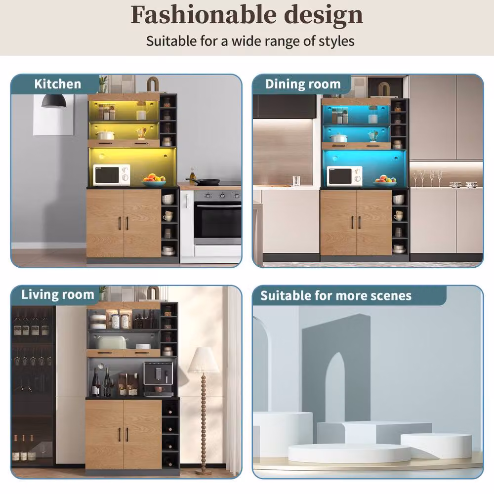 Merax Tall Kitchen Storage Cabinet Pantry with LED Open Shelves in White, Black or Beige – 3