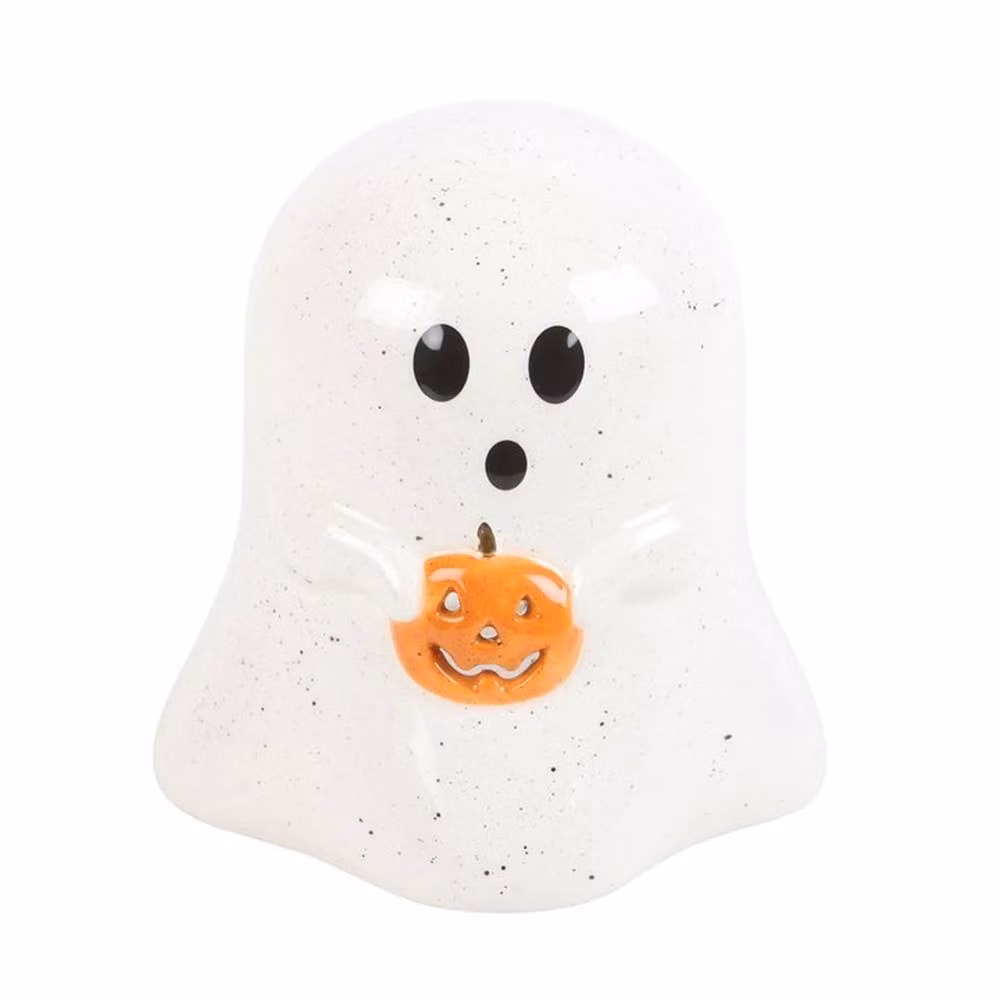 Uniqueful Ghost Shaped Ceramic Tealight Candle Holder with Pumpkin in White – 3