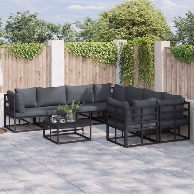 Berkfield Home 9 Piece L-Shape Garden Sofa Set in Black with Powder Coated Aluminium Frame and Upholstered Cushions W/D/H: 70 x 70 x 32 cm