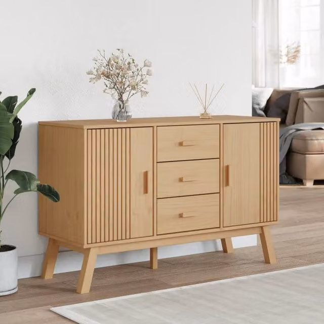Berkfield Home Olden Sideboard in Brown Waxed Solid Pine, W/D/H: 114 x 43 x 73.5 cm