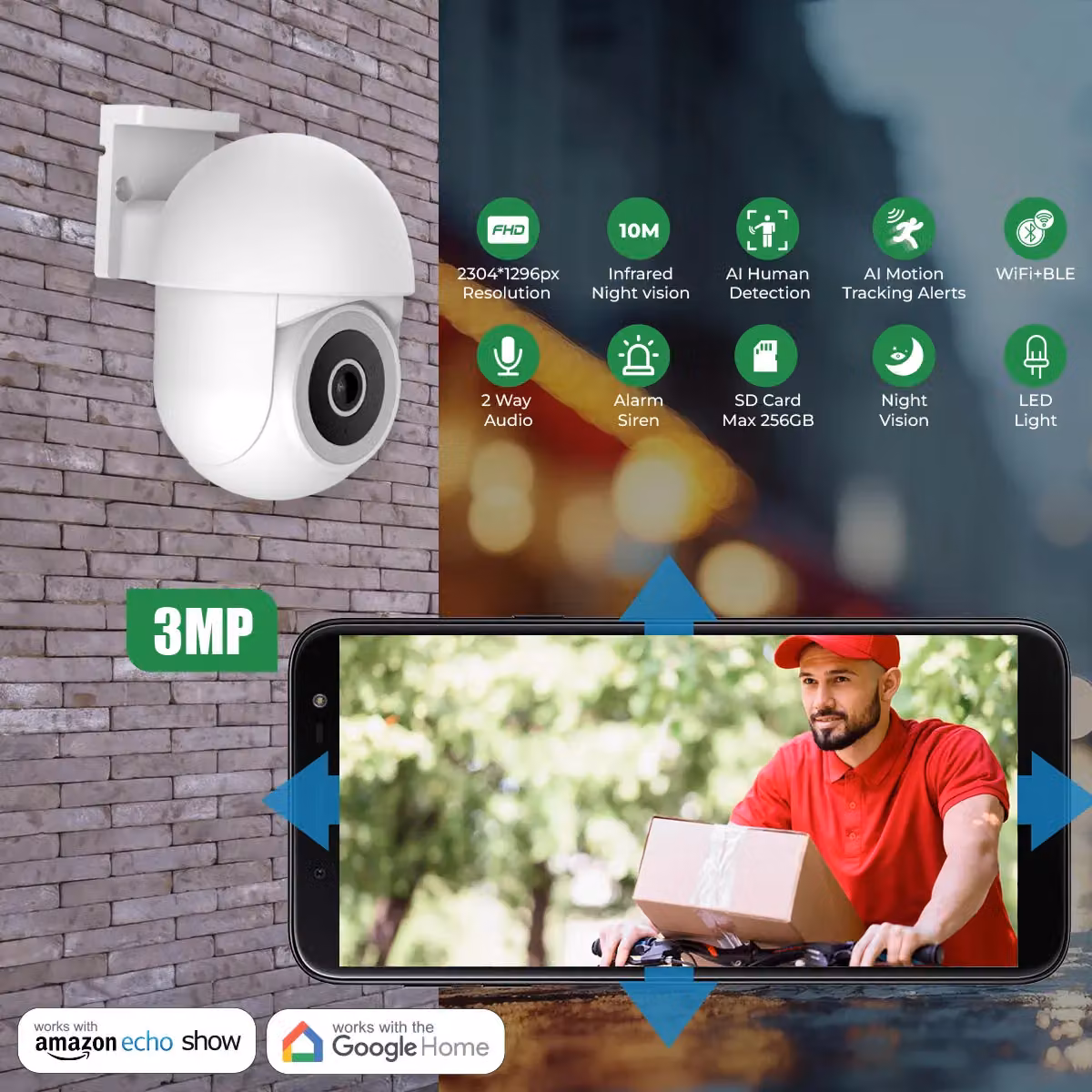 ENER-J Smart WiFi Outdoor Dome Security Camera, 2K 3MP Pan-Tilt with Night Vision and 2-Way Audio, White – 4